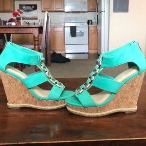 Mint open toed wedges with cork heel